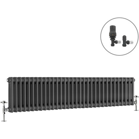 Traditional Radiator Anthracite Cast Iron Style Rads with Angled Thermostatic Valves Horizontal 2 Column 300x1460mm