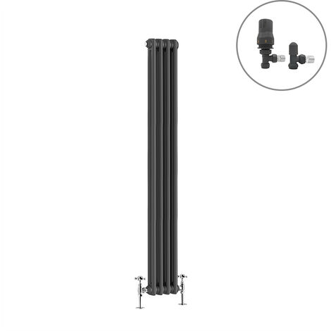 Traditional Radiator Anthracite Cast Iron Style Rads with Angled Thermostatic Valves Vertical 2 Column 1500x200mm