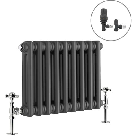 Traditional Radiator Anthracite Cast Iron Style Rads with Angled Thermostatic Valves Horizontal 2 Column 300x425mm