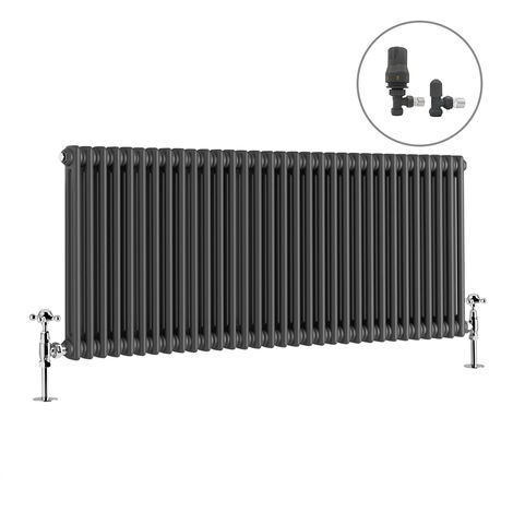 Traditional Radiator Anthracite Cast Iron Style Rads with Angled Thermostatic Valves Horizontal 2 Column 600x1460mm