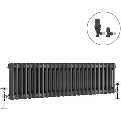 Traditional Radiator Anthracite Cast Iron Style Rads with Angled Thermostatic Valves Horizontal 2 Column 300x1190mm