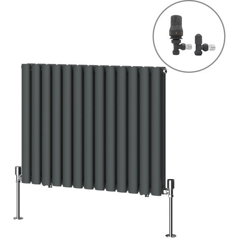 Designer Oval Column Radiator Central Heating Rad Anthracite with Angled Thermostatic Valves Horizontal Double 600x767mm (1/4)