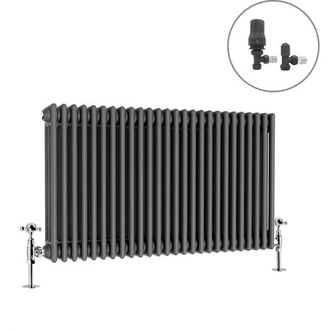 Traditional Radiator Anthracite Cast Iron Style Rads with Angled Thermostatic Valves Horizontal 3 Column 600x1192mm
