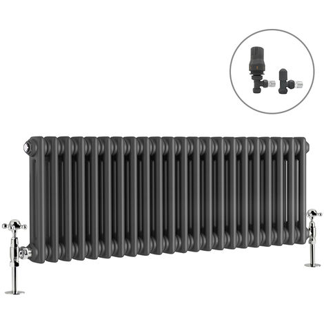 Traditional Radiator Anthracite Cast Iron Style Rads with Angled Thermostatic Valves Horizontal 2 Column 300x1010mm