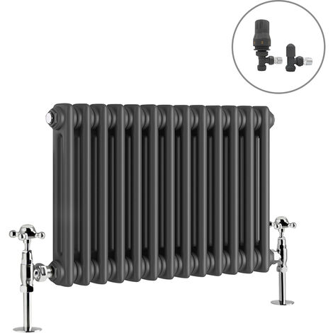 Traditional Radiator Anthracite Cast Iron Style Rads with Angled Thermostatic Valves Horizontal 2 Column 300x605mm