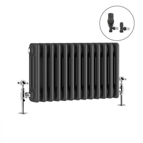 Traditional Radiator Anthracite Cast Iron Style Rads with Angled Thermostatic Valves Horizontal 3 Column 300x607mm