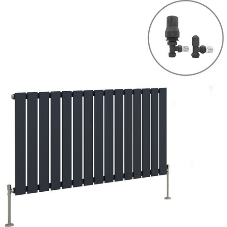 Anthracite Designer Radiator Flat Panel Central Heating Rad with Angled Thermostatic Valves Horizontal Single 600x1020mm