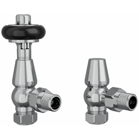 Traditional Antique Design TRV Thermostatic Brass Angled Radiator Valves Pair Chrome