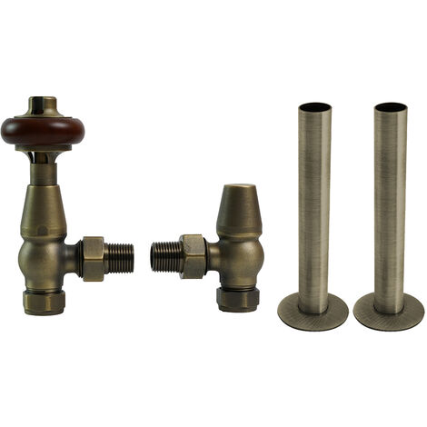 Traditional Thermostatic TRV Angled Radiator Valves Pipes Collars Antique Brass