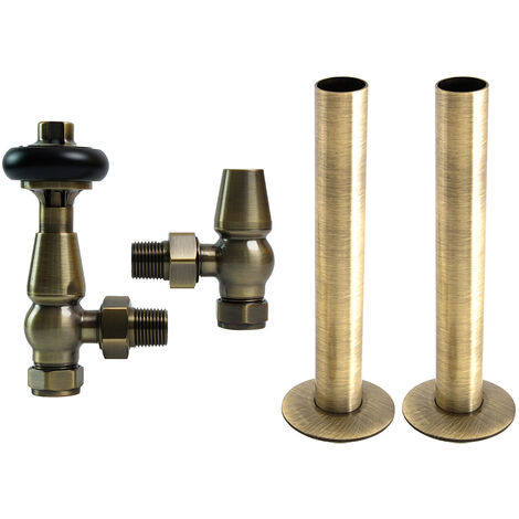 Traditional Thermostatic TRV Angled Radiator Valves Pipes Collars Polished Antique Brass