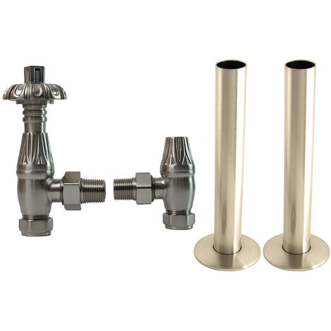 Thermostatic TRV Traditional Radiator Angled Valves Pipes Collars Satin Nickel