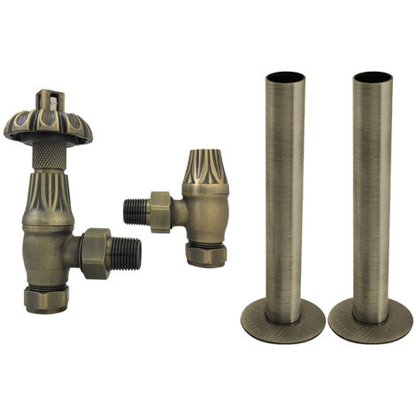 Thermostatic TRV Traditional Radiator Angled Valves Pipes Collars Antique Brass