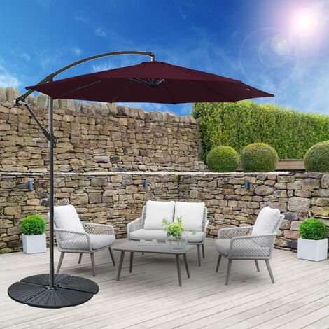 3M Outdoor Hanging Parasol Patio Banana Sun Shade Garden Canopy Umbrella Wine Red with Base (1/5)