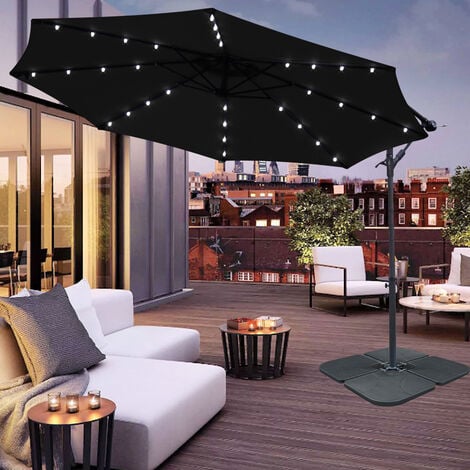 32 LED Solar Powered Parasol 3m Garden Banana Hanging Umbrella Cantilever Black With Base Weight