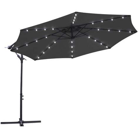 32 LED Solar Powered Parasol 3m Garden Banana Hanging Umbrella Cantilever Black With Base Weight