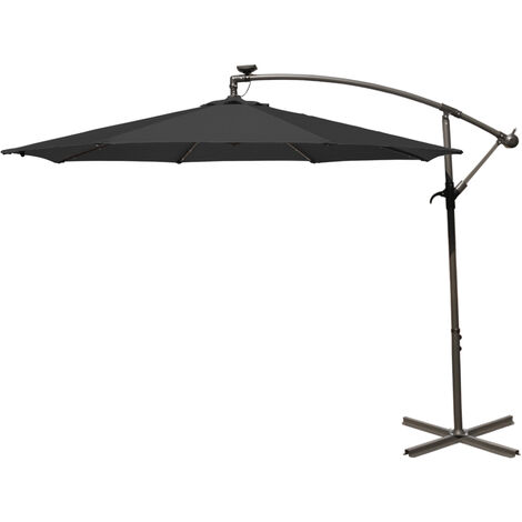 32 LED Solar Powered Parasol 3m Garden Banana Hanging Umbrella Cantilever Black With Base Weight