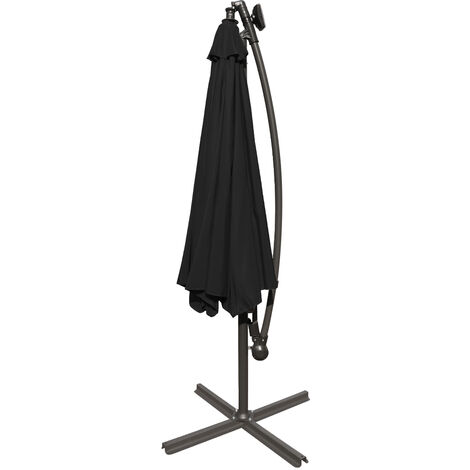 32 LED Solar Powered Parasol 3m Garden Banana Hanging Umbrella Cantilever Black With Base Weight