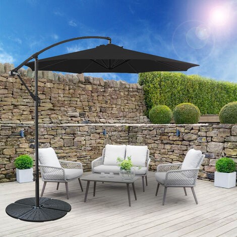 3M Outdoor Hanging Parasol Patio Banana Sun Shade Garden Canopy Umbrella Black with Base (1/5)