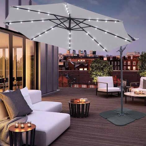 32 LED Solar Powered Parasol 3m Garden Banana Hanging Umbrella Cantilever Grey With Base Weight