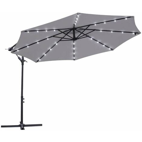 32 LED Solar Powered Parasol 3m Garden Banana Hanging Umbrella Cantilever Grey With Base Weight