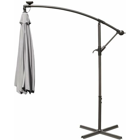32 LED Solar Powered Parasol 3m Garden Banana Hanging Umbrella Cantilever Grey With Base Weight