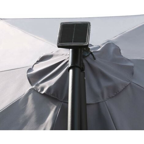32 LED Solar Powered Parasol 3m Garden Banana Hanging Umbrella Cantilever Grey With Base Weight