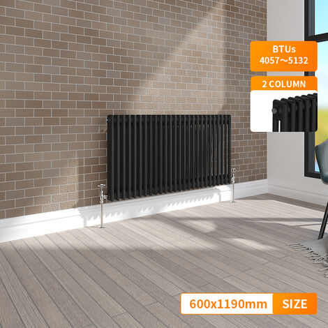 NRG Black 2 Column Traditional Cast Iron Style Horizontal Vintage Radiator Rad 600 x 1190mm
