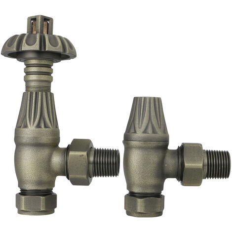 Thermostatic TRV Traditional Antique Brass Angled Radiator Rad Valves Pair