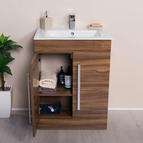 Bathroom Floor Standing Vanity Unit Basin Sink Cabinet Flat Pack Walnut