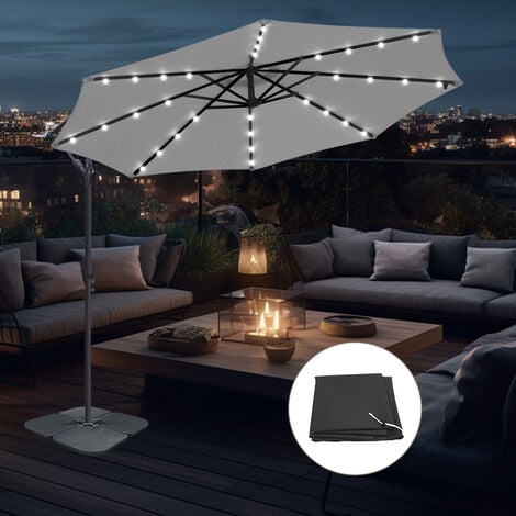 3m LED Banana Garden Parasol Sun Shade Patio Hanging Umbrella Cantilever with Base Cover Grey