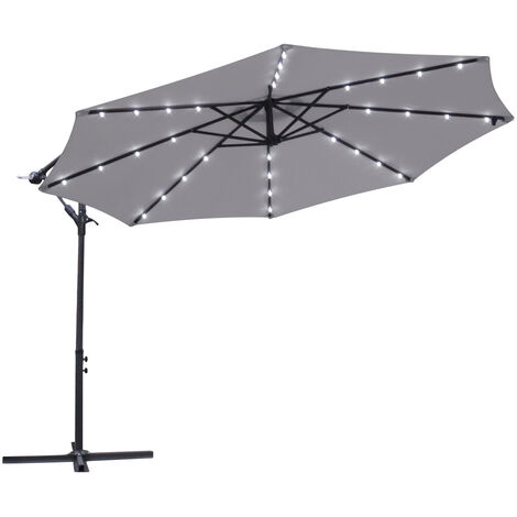 3m LED Banana Garden Parasol Sun Shade Patio Hanging Umbrella Cantilever with Base Cover Grey