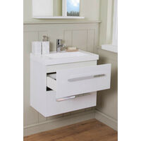 White 600mm Wall Hung Vanity Sink Unit 2 Drawer Basin Bathroom Furniture Free Mirror