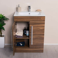 Floor Standing Vanity Sink Unit Basin Bathroom Door Storage Furniture 600 mm Walnut