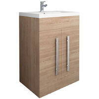 NRG Light Oak Bathroom Furniture Storage Cabinet Freestanding Vanity Unit & Basin - 600mm