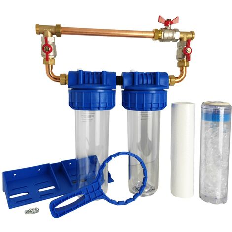 Portafiltro Doppio Acqua 9"3/4 20/27f Con Cartuccia By-pass 20µm E Polifosfato