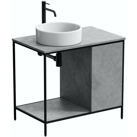 Mode Bergne dark concrete grey washstand and black steel frame 812mm with Calhoun countertop basin, tap, waste and trap
