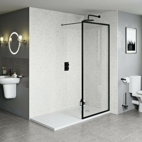 Orchard 6mm black framed wet room glass screen with walk in tray 1600 x 800