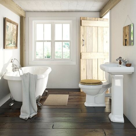 Orchard Dulwich roll top bath suite with solid wood oak seat and taps