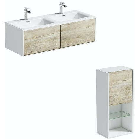 Rustic Oak Wall Hung Double Vanity Unit, Mode Burton White Wall Hung Vanity Unit And Basin 600mm