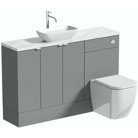 Reeves Wyatt onyx grey small fitted furniture combination with white marble worktop and countetop basin