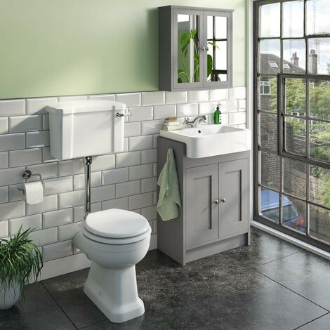 The Bath Co. Camberley satin grey vanity unit with low level toilet and mirror cabinet