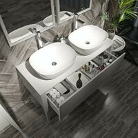 Mode Hale white gloss wall hung double vanity unit with ceramic countertop and basins 1200mm