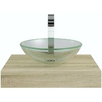 Mode Orion oak countertop shelf 600mm with Mackintosh glass countertop basin, tap and waste