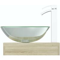 Mode Orion oak countertop shelf 600mm with Mackintosh glass countertop basin, tap and waste