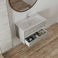 Ideal Standard Connect Air wood light grey vanity unit with open back close coupled toilet