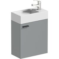 Clarity Compact satin grey wall hung vanity unit with black handle and basin 410mm