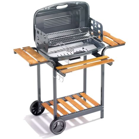 Ompagrill Barbecue A Carbonella Con Coperchio e Carrello Con Doghe In Legno Massello (1/5)
