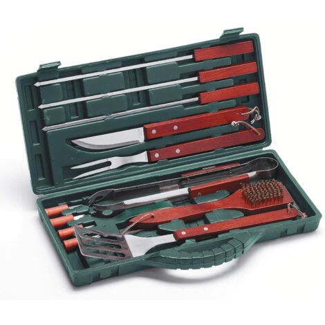 Ompagrill Set Utensili Barbecue 12 pezzi in Valigetta In Acciaio Inox e Manico In Legno Massello
