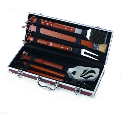Ompagrill Set Utensili Barbecue 5 Pezzi in Acciaio Inox Con Valigetta In Radica