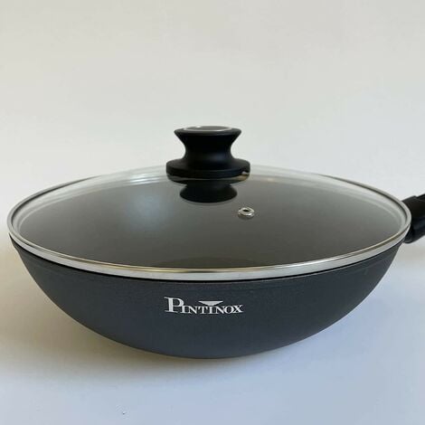 Pintinox Wok con Coperchio, Diam.28cm in Alluminio Forgiato, Adatto all' Induzione, Interno Antiaderente, Manico Soft